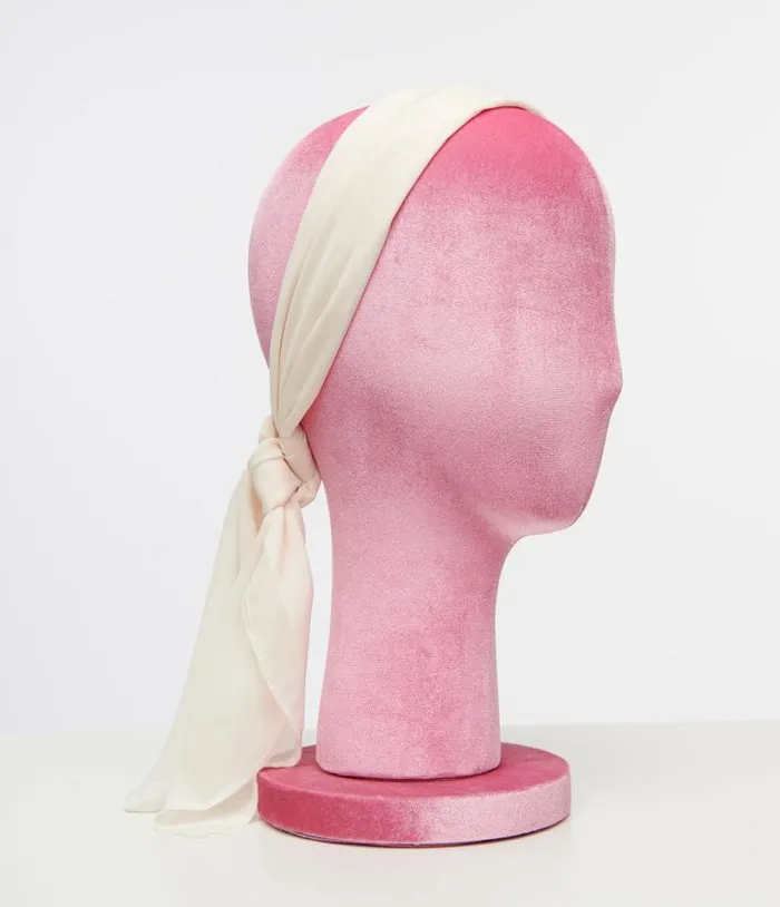 1950s Beige Chiffon Hair Scarf Accessories Unique Vintage Gloves and Scarves