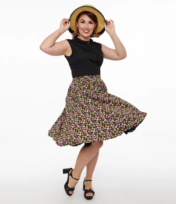 1950s Black and Multicolor Flower Print Swing Skirt Clothing Unique Vintage Skirts 1950s Black and Multicolor Flower Print Swing Skirt Clothing Unique Vintage Skirts