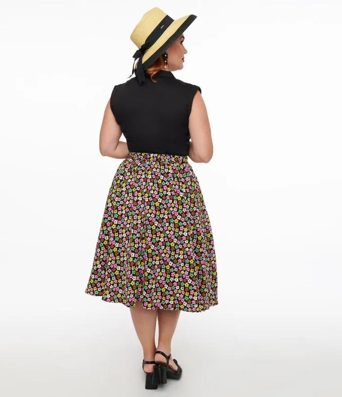 1950s Black and Multicolor Flower Print Swing Skirt Clothing Unique Vintage Skirts