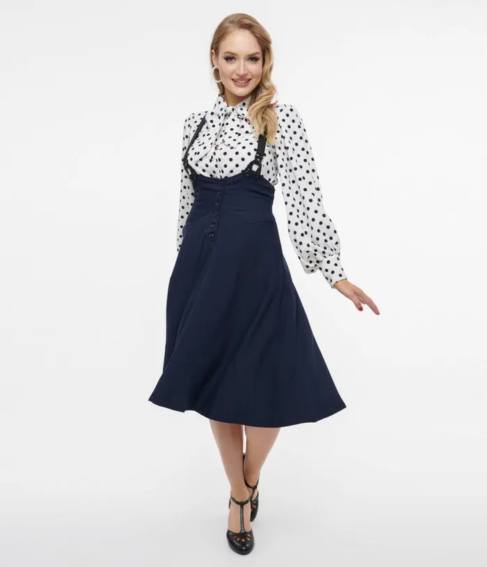 1950s Dark Blue Suspender Swing Skirt Clothing Unique Vintage Skirts