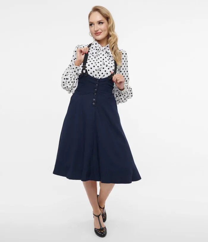 1950s Dark Blue Suspender Swing Skirt Clothing Unique Vintage Skirts