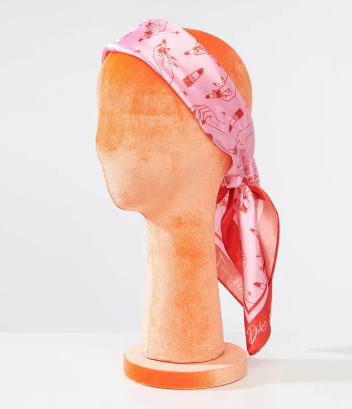 1950s Pink and Red Lipstick Print Satin Hair Scarf Accessories Unique Vintage Hair Scarves