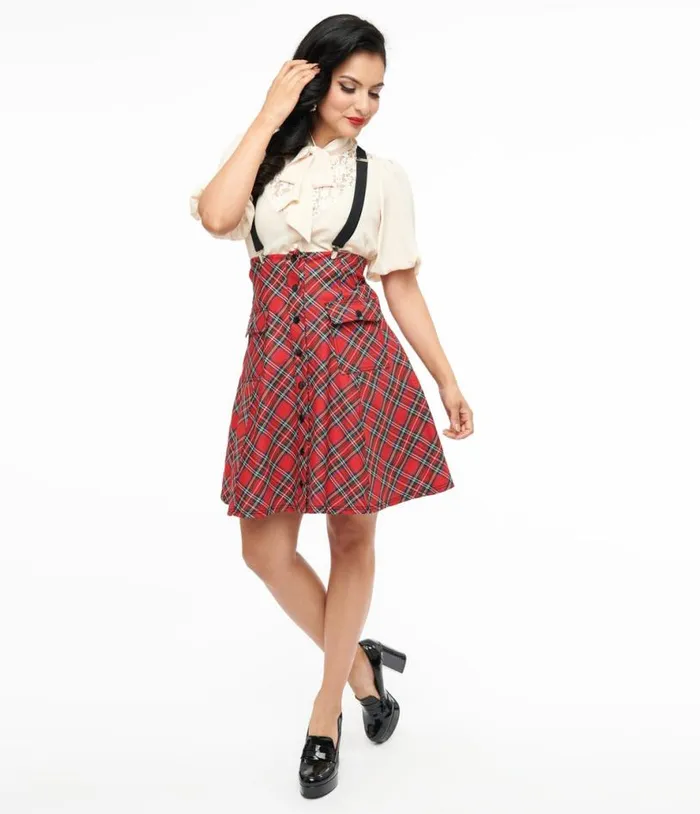 1950s Red Bias Plaid Suspender Flare Skirt Clothing Unique Vintage Skirts