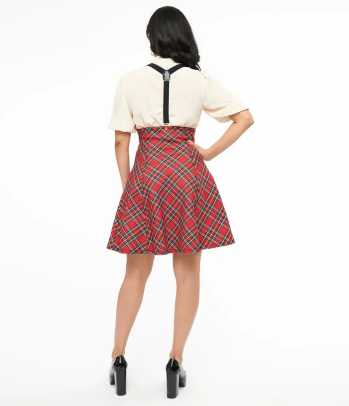 1950s Red Bias Plaid Suspender Flare Skirt Clothing Unique Vintage Skirts