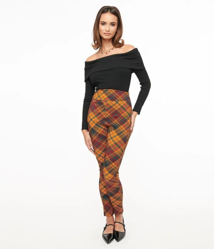 1960s Mustard and Burgundy Plaid High Waist Cigarette Pants Clothing Unique Vintage Pants