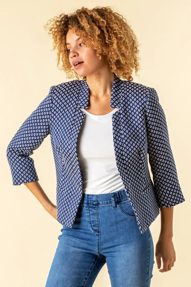 34 Sleeve Jacquard Print Notch Neck Jacket Women Roman Jackets