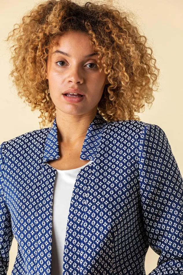 34 Sleeve Jacquard Print Notch Neck Jacket Women Roman Jackets