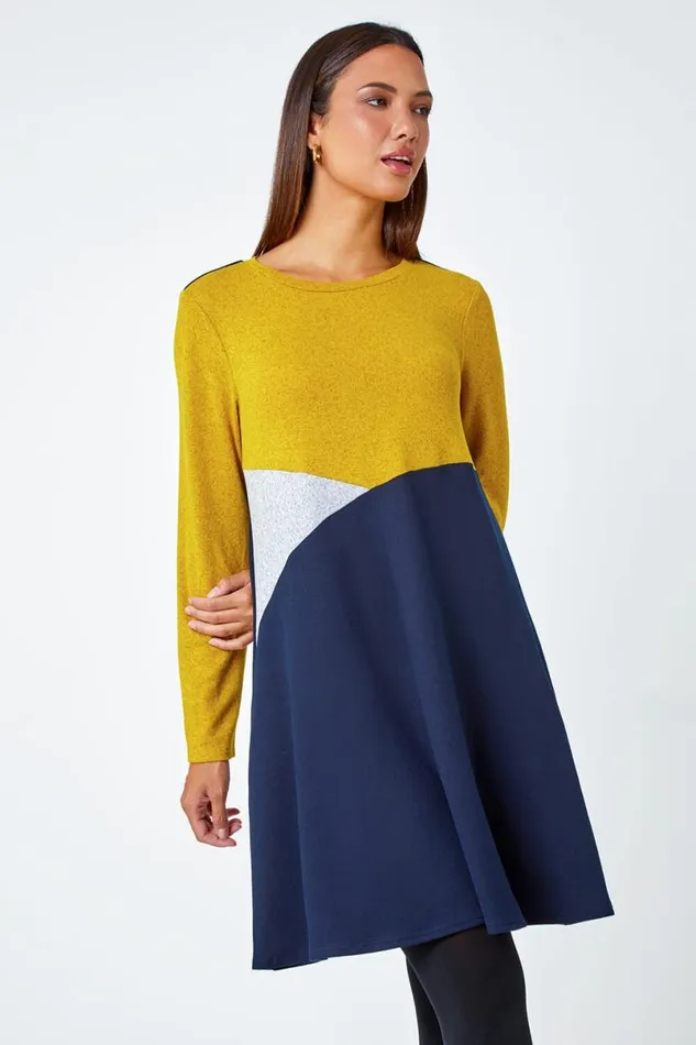 Amber Colour Block Swing Stretch Dress Women Roman Dresses
