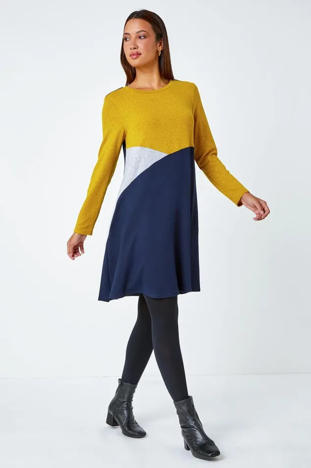 Amber Colour Block Swing Stretch Dress Women Roman Dresses