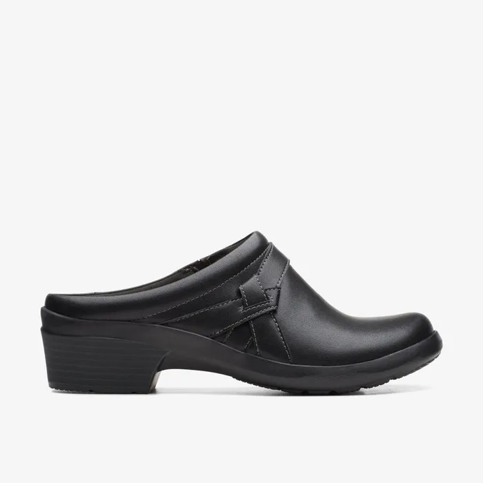 Angie Mist Black Leather Women Clarks Clogs and Mules