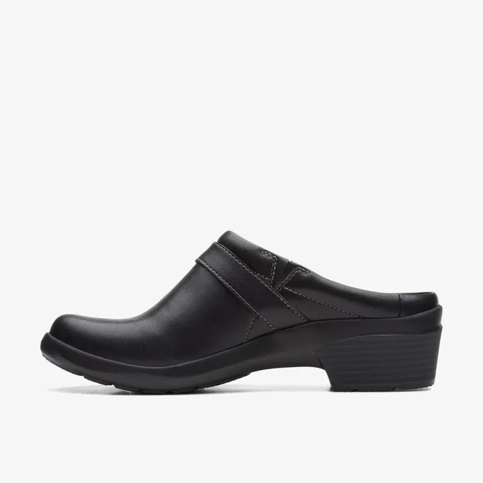 Angie Mist Black Leather Women Clarks Clogs and Mules