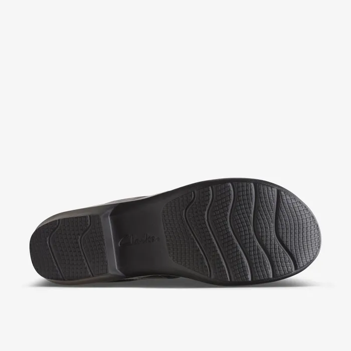 Angie Mist Black Leather Women Clarks Clogs and Mules