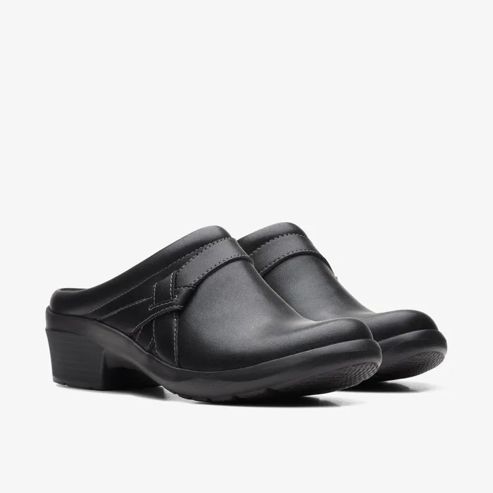 Angie Mist Black Leather Women Clarks Clogs and Mules