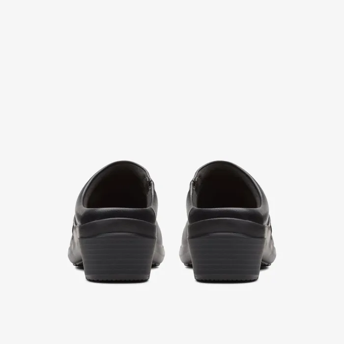 Angie Mist Black Leather Women Clarks Clogs and Mules
