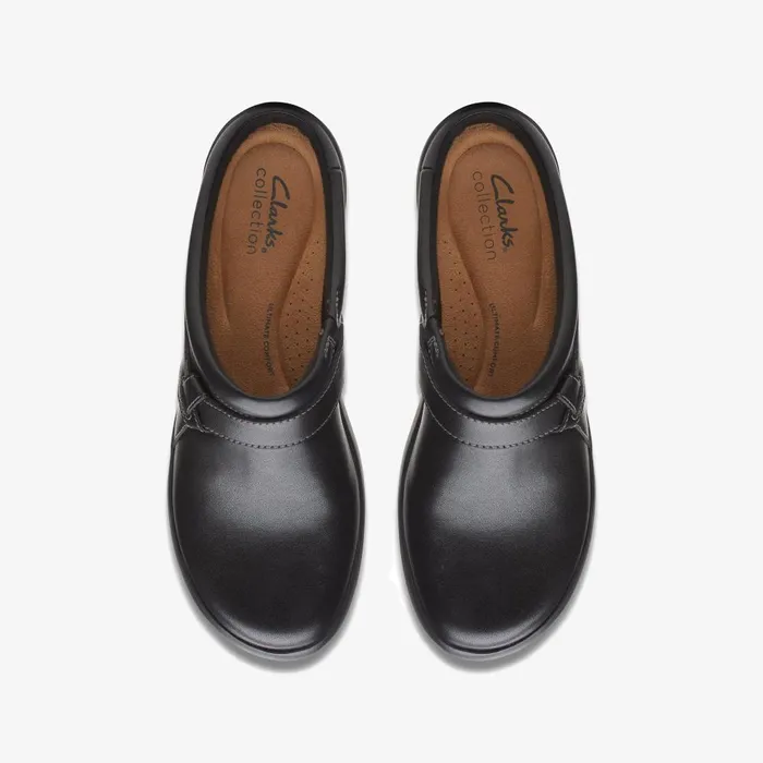 Angie Mist Black Leather Women Clarks Clogs and Mules