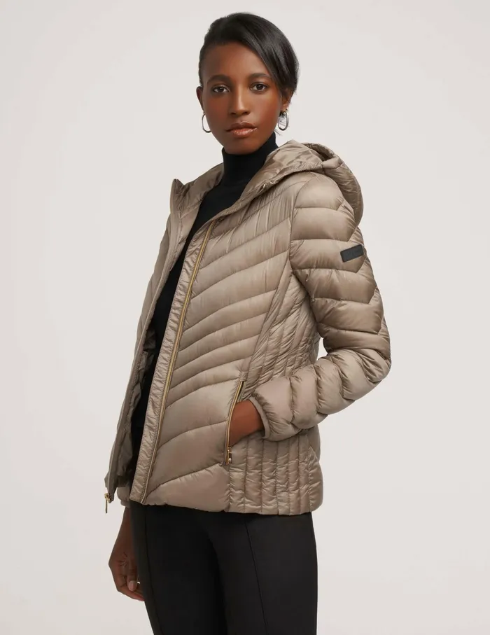 Anne Klein Chevron Packable Puffer Jacket Taupe Women Clothing