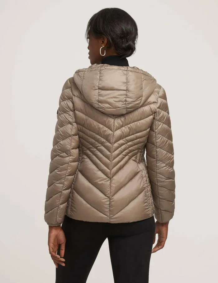 Anne Klein Chevron Packable Puffer Jacket Taupe Women Clothing