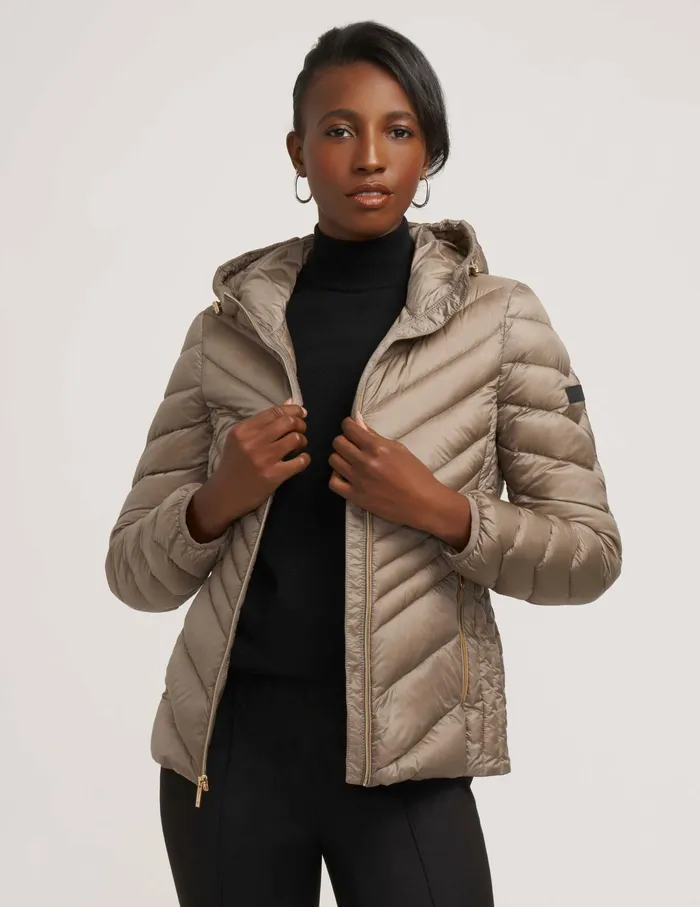 Anne Klein Chevron Packable Puffer Jacket Taupe Women Clothing