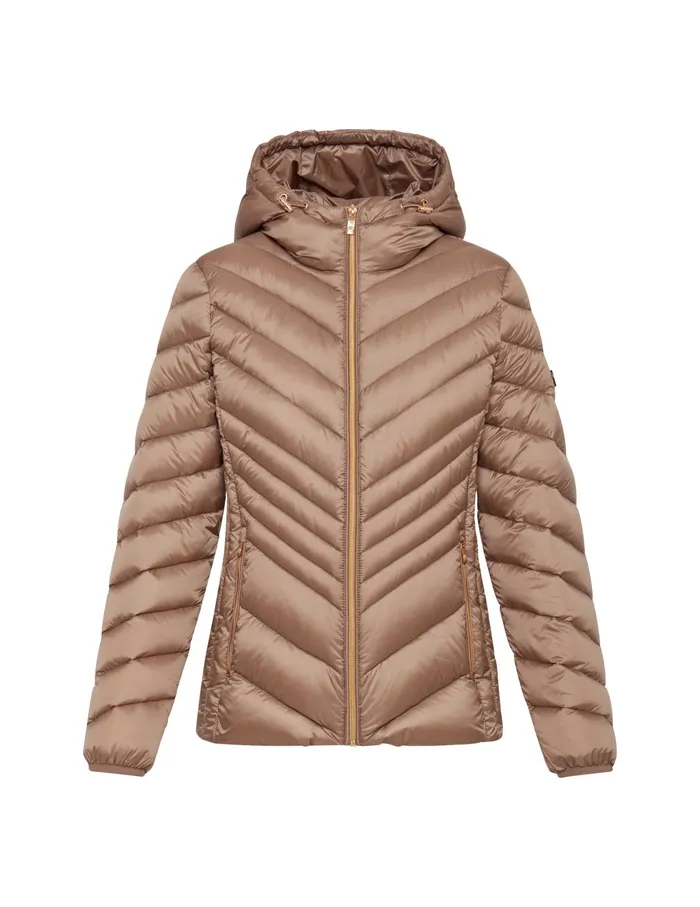 Anne Klein Chevron Packable Puffer Jacket Taupe Women Clothing