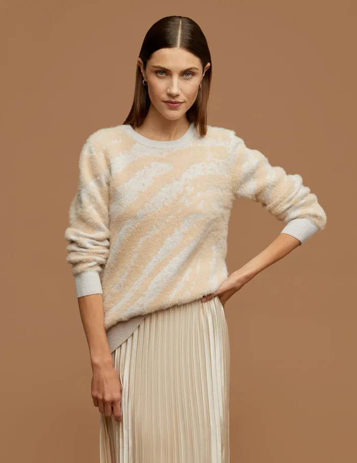Anne Klein Long Sleeve Crew Neck Sweater With Lurex Light Coffee Multi Women Clothing
