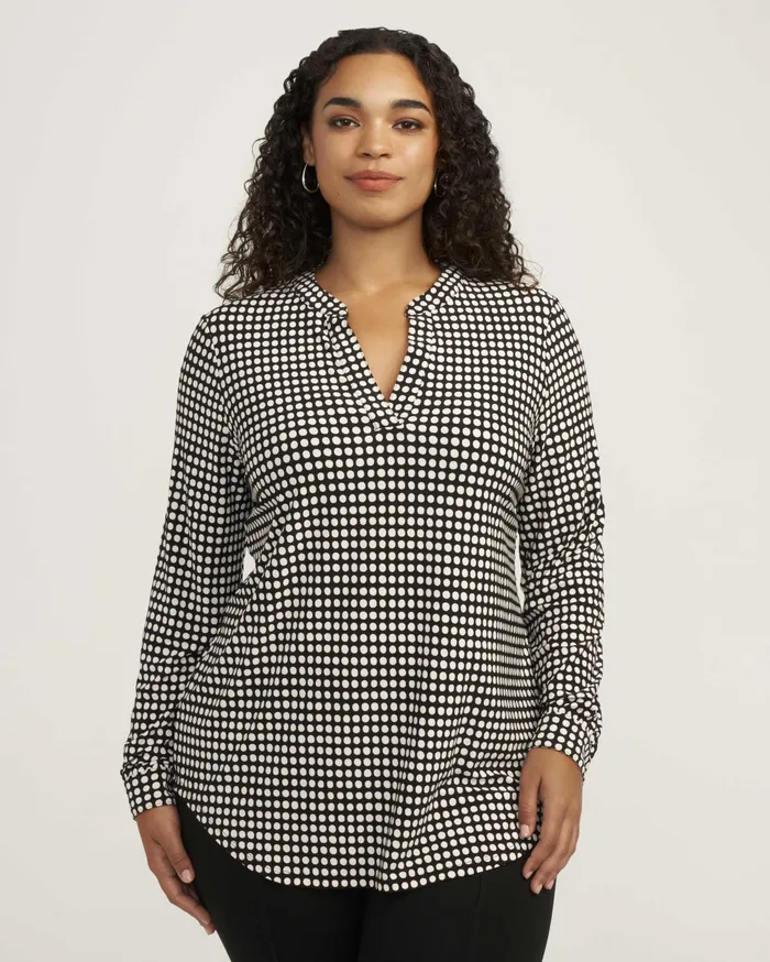 Anne Klein Plus Size Pearly Dot Long Sleeve Split Neck Anne BlackAnne White Anne Black Women Clothing