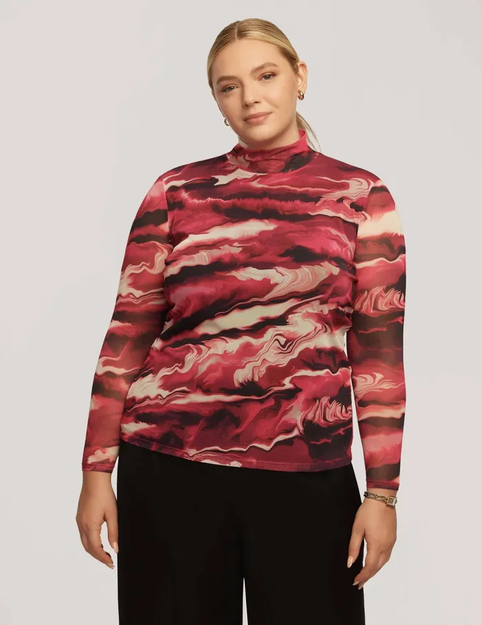 Anne Klein Plus Size Printed Mesh Long Sleeve Zip Back Mock Neck Amaranth Multi Women Clothing Anne Klein Plus Size Printed Mesh Long Sleeve Zip Back Mock Neck Amaranth Multi Women Clothing
