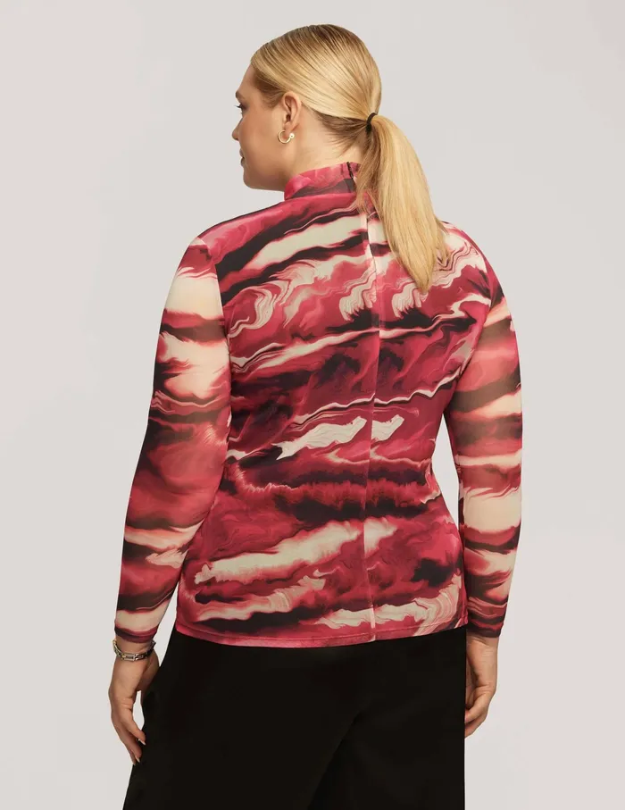 Anne Klein Plus Size Printed Mesh Long Sleeve Zip Back Mock Neck Amaranth Multi Women Clothing