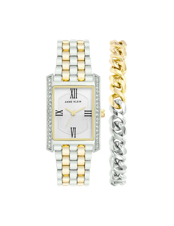 Anne Klein Rectangular Crystal Accented Watch Set With Chain Bracelet Silvertone Women Watches 038 Jewelry Anne Klein Rectangular Crystal Accented Watch Set With Chain Bracelet Silvertone Women Watches 038 Jewelry