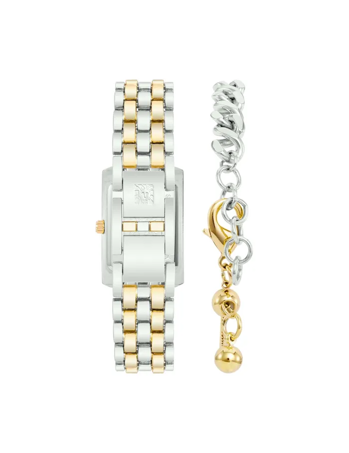 Anne Klein Rectangular Crystal Accented Watch Set With Chain Bracelet Silvertone Women Watches 038 Jewelry