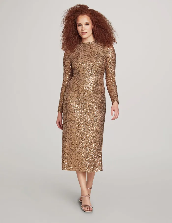 Anne Klein Sequin Long Sleeve Mock Neck Fitted Midi Dress Gold Women Clothing Anne Klein Sequin Long Sleeve Mock Neck Fitted Midi Dress Gold Women Clothing