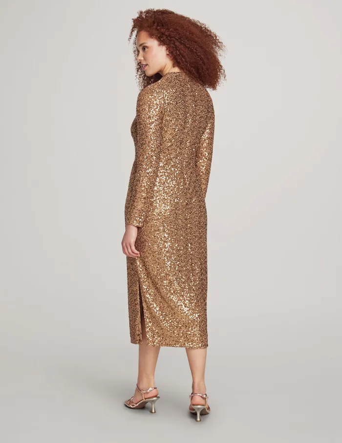 Anne Klein Sequin Long Sleeve Mock Neck Fitted Midi Dress Gold Women Clothing