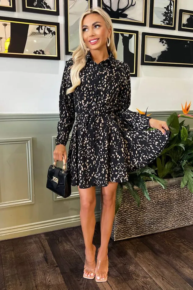 AX Paris Black And Beige Printed Mini Tie Waist Shirt Dress Dresses