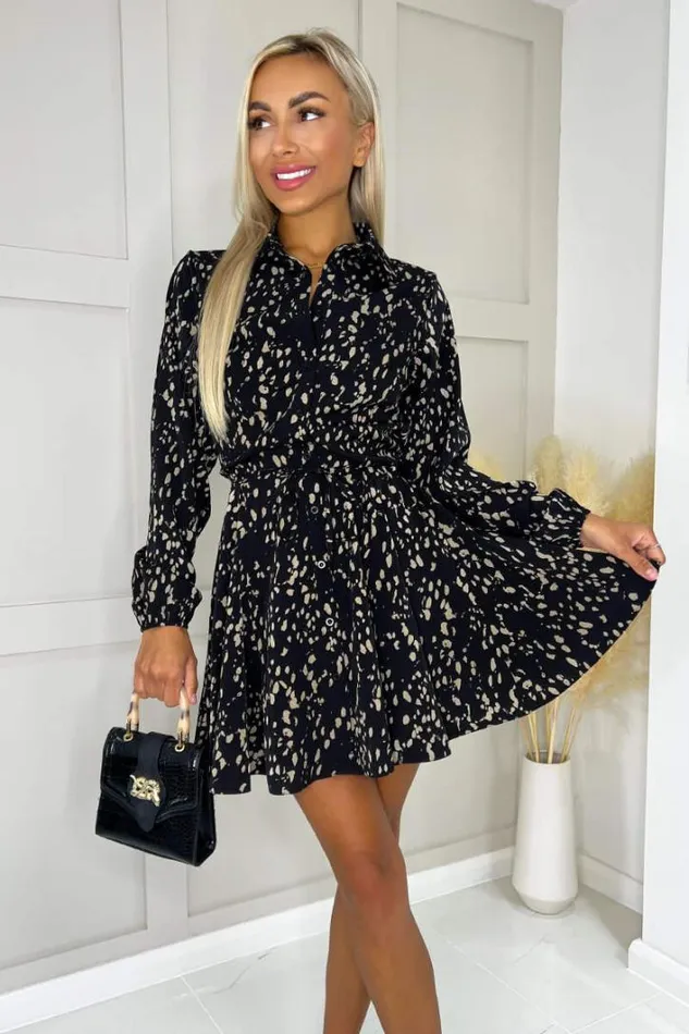 AX Paris Black And Beige Printed Mini Tie Waist Shirt Dress Dresses
