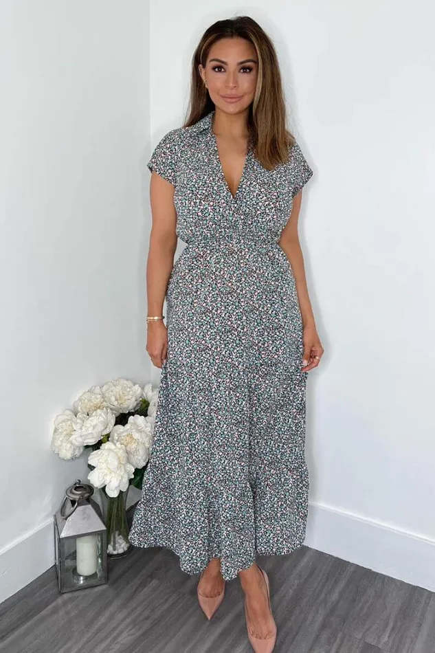 AX Paris Black Floral Print Short Sleeved VNeck Midi Smock Dress Dresses