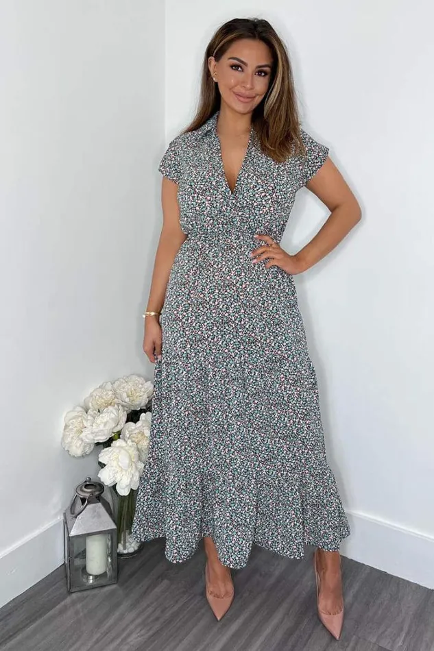 AX Paris Black Floral Print Short Sleeved VNeck Midi Smock Dress Dresses