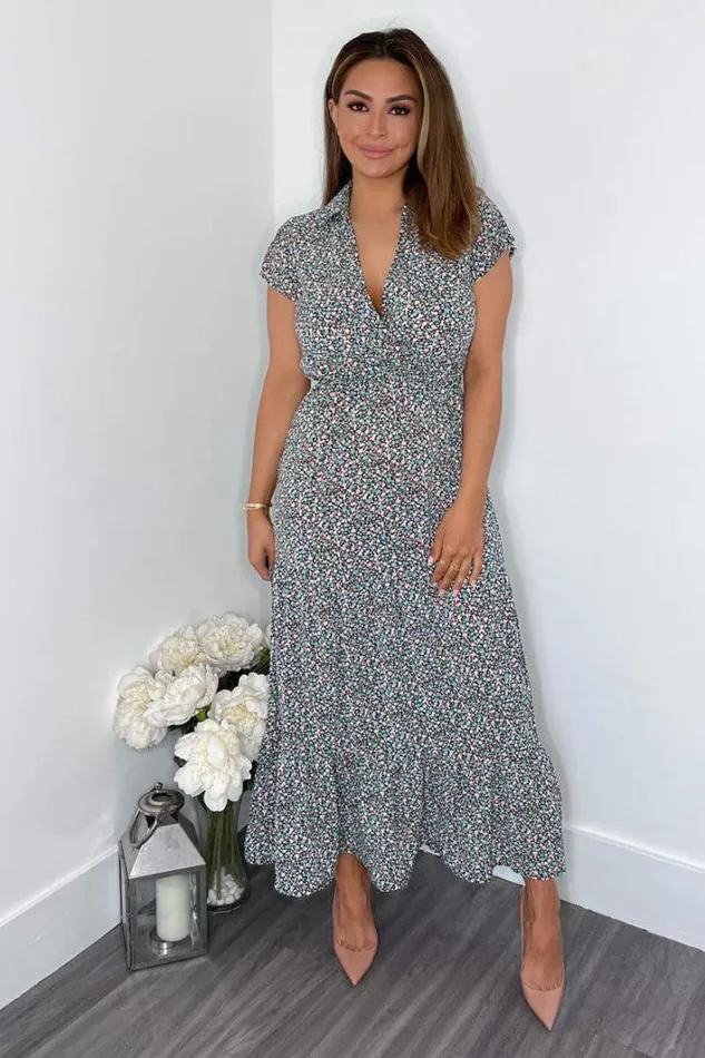 AX Paris Black Floral Print Short Sleeved VNeck Midi Smock Dress Dresses