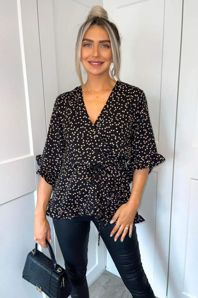 AX Paris Black Heart Print Frill Hem Wrap Top Tops