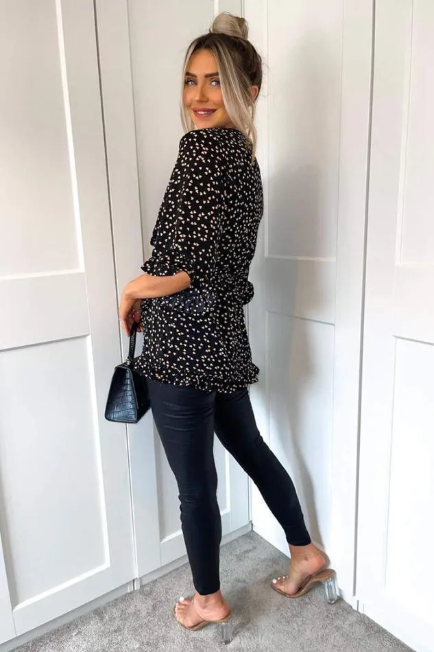 AX Paris Black Heart Print Frill Hem Wrap Top Tops