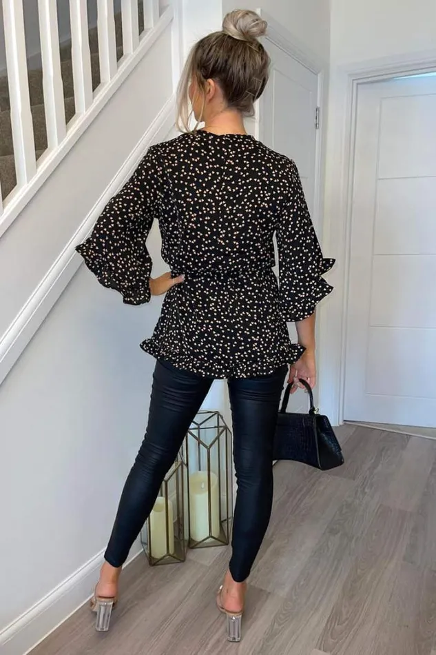 AX Paris Black Heart Print Frill Hem Wrap Top Tops