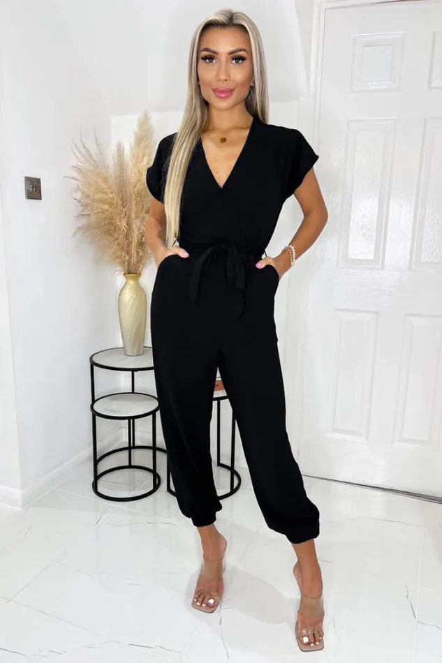 AX Paris Black V Neck Short Sleeve Belted Elasticated Cuff Jumpsuit Jumpsuits And Playsuits