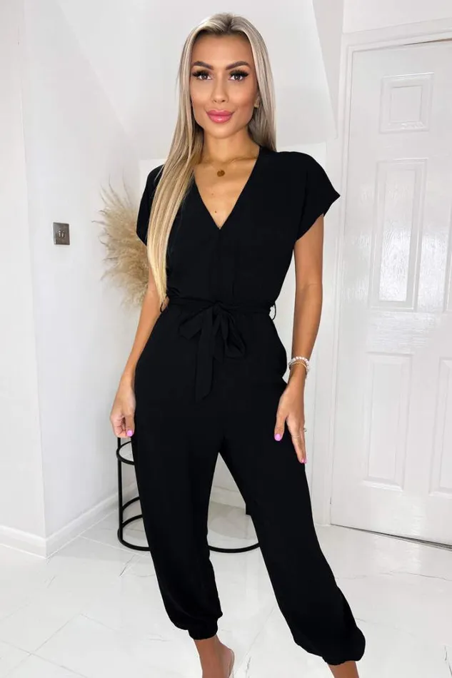 AX Paris Black V Neck Short Sleeve Belted Elasticated Cuff Jumpsuit Jumpsuits And Playsuits