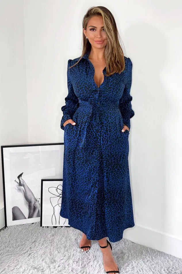 AX Paris Blue Animal Print Long Sleeve Belted Shirt Dress Dresses
