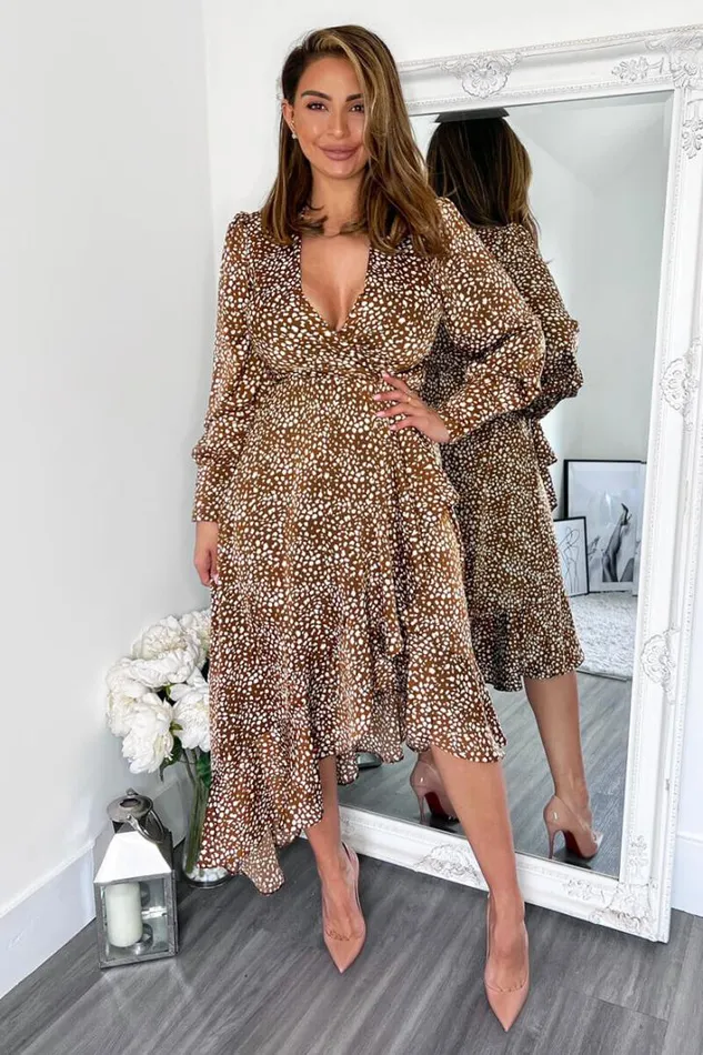 AX Paris Brown And Cream Printed VNeck Long Sleeve Midi Dress Dresses