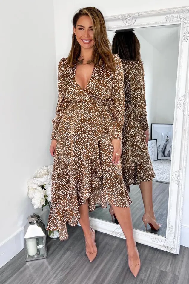 AX Paris Brown And Cream Printed VNeck Long Sleeve Midi Dress Dresses