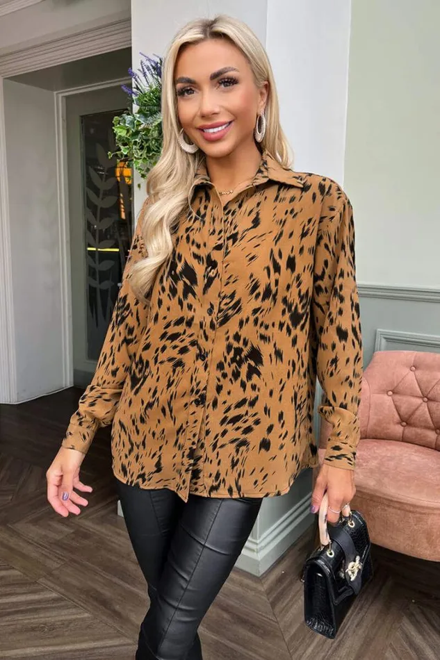 AX Paris Camel Print Button Front Long Sleeve Shirt Tops