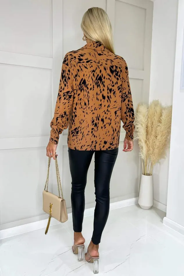 AX Paris Camel Print Button Front Long Sleeve Shirt Tops