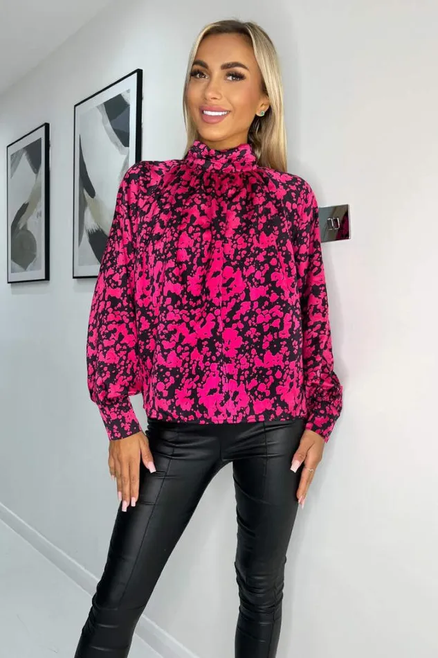 AX Paris Cerise And Black Print High Neck Long Sleeve Top Tops