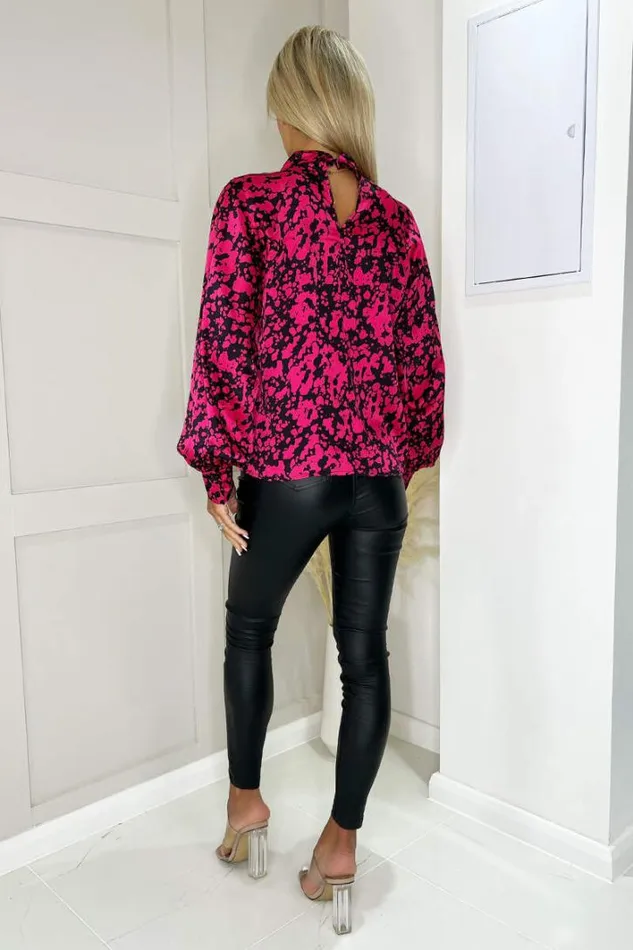 AX Paris Cerise And Black Print High Neck Long Sleeve Top Tops
