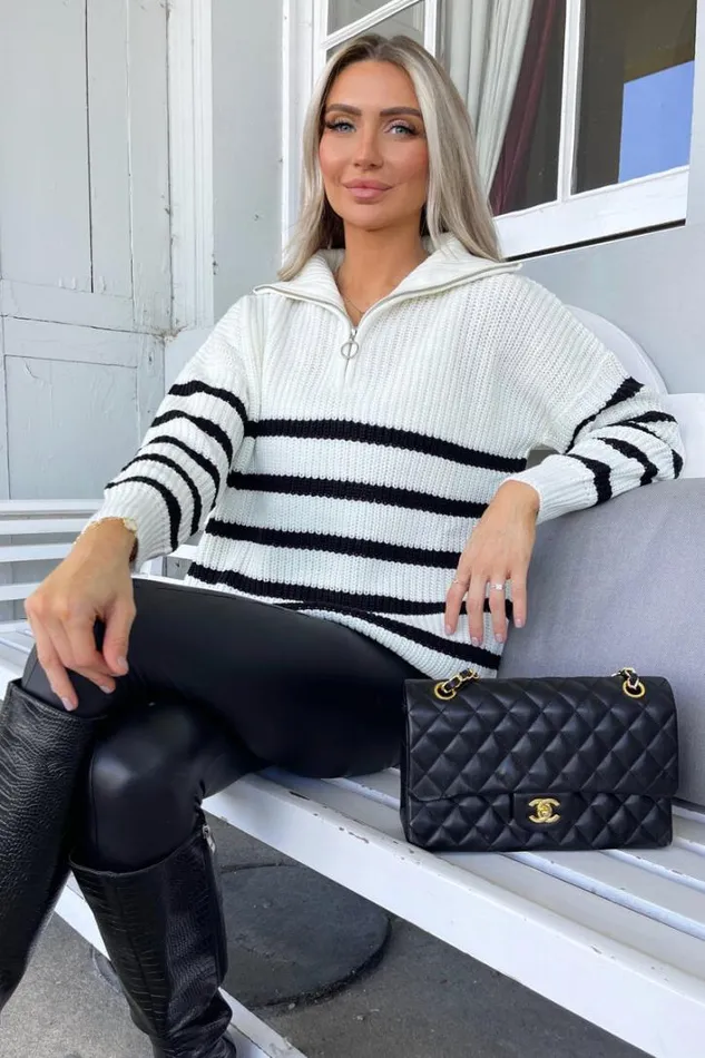 AX Paris Cream And Black Zip Front Striped Knitted Jumper Knitwear
