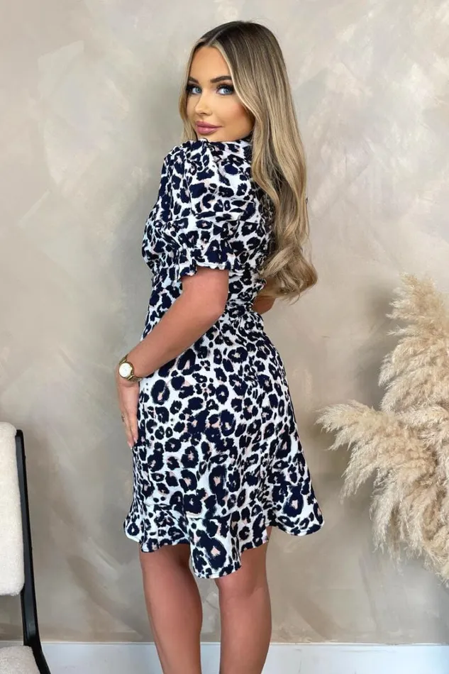 AX Paris Cream Pink And Navy Animal Print Short Sleeve Ruched Front Mini Dress Dresses